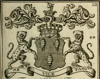 An illustration from The Irish compendium; or, Rudiments of honour. Containing the descents, marriages, issue, titles, posts, and seats of all the nobility of Ireland; with their arms, crests, supporters, mottos and Parliament robes ... Also a supplement, shewing the antiquity, dignity, and use of armories .. (1745)
