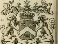 An illustration from The Irish compendium; or, Rudiments of honour. Containing the descents, marriages, issue, titles, posts, and seats of all the nobility of Ireland; with their arms, crests, supporters, mottos and Parliament robes ... Also a supplement, shewing the antiquity, dignity, and use of armories .. (1745)