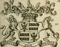 An illustration from The Irish compendium; or, Rudiments of honour. Containing the descents, marriages, issue, titles, posts, and seats of all the nobility of Ireland; with their arms, crests, supporters, mottos and Parliament robes ... Also a supplement, shewing the antiquity, dignity, and use of armories .. (1745)
