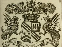 An illustration from The Irish compendium; or, Rudiments of honour. Containing the descents, marriages, issue, titles, posts, and seats of all the nobility of Ireland; with their arms, crests, supporters, mottos and Parliament robes ... Also a supplement, shewing the antiquity, dignity, and use of armories .. (1745)
