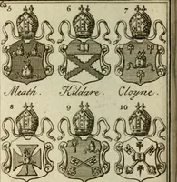 An illustration from The Irish compendium; or, Rudiments of honour. Containing the descents, marriages, issue, titles, posts, and seats of all the nobility of Ireland; with their arms, crests, supporters, mottos and Parliament robes ... Also a supplement, shewing the antiquity, dignity, and use of armories .. (1745)