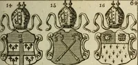 An illustration from The Irish compendium; or, Rudiments of honour. Containing the descents, marriages, issue, titles, posts, and seats of all the nobility of Ireland; with their arms, crests, supporters, mottos and Parliament robes ... Also a supplement, shewing the antiquity, dignity, and use of armories .. (1745)