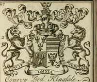 An illustration from The Irish compendium; or, Rudiments of honour. Containing the descents, marriages, issue, titles, posts, and seats of all the nobility of Ireland; with their arms, crests, supporters, mottos and Parliament robes ... Also a supplement, shewing the antiquity, dignity, and use of armories .. (1745)