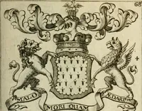 An illustration from The Irish compendium; or, Rudiments of honour. Containing the descents, marriages, issue, titles, posts, and seats of all the nobility of Ireland; with their arms, crests, supporters, mottos and Parliament robes ... Also a supplement, shewing the antiquity, dignity, and use of armories .. (1745)