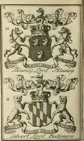 An illustration from The Irish compendium; or, Rudiments of honour. Containing the descents, marriages, issue, titles, posts, and seats of all the nobility of Ireland; with their arms, crests, supporters, mottos and Parliament robes ... Also a supplement, shewing the antiquity, dignity, and use of armories .. (1745)