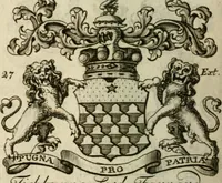 An illustration from The Irish compendium; or, Rudiments of honour. Containing the descents, marriages, issue, titles, posts, and seats of all the nobility of Ireland; with their arms, crests, supporters, mottos and Parliament robes ... Also a supplement, shewing the antiquity, dignity, and use of armories .. (1745)