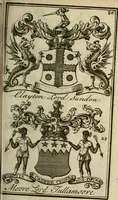 An illustration from The Irish compendium; or, Rudiments of honour. Containing the descents, marriages, issue, titles, posts, and seats of all the nobility of Ireland; with their arms, crests, supporters, mottos and Parliament robes ... Also a supplement, shewing the antiquity, dignity, and use of armories .. (1745)