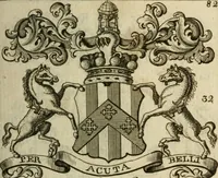 An illustration from The Irish compendium; or, Rudiments of honour. Containing the descents, marriages, issue, titles, posts, and seats of all the nobility of Ireland; with their arms, crests, supporters, mottos and Parliament robes ... Also a supplement, shewing the antiquity, dignity, and use of armories .. (1745)