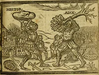 An illustration from The Iron Age : contayning the Rape of Hellen: The siege of Troy: The combate betwixt Hector and Aiax: Hector and Troilus slayne by Achilles: Achilles slaine by Paris: Aiax and Vlisses contend for the Armour of Achilles: The Death of Aiax, &c. (1632)