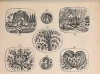An illustration from The jewellers' book of patterns in hair work : containing a great variety of copper-plate engravings of devices and patterns in hair; suitable for mourning jewellery, brooches, rings, guards, alberts, necklets, lockets, bracelets, miniatures, studs, links, earrings, &c. &c. &c (1864)