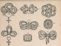 An illustration from The jewellers' book of patterns in hair work : containing a great variety of copper-plate engravings of devices and patterns in hair; suitable for mourning jewellery, brooches, rings, guards, alberts, necklets, lockets, bracelets, miniatures, studs, links, earrings, &c. &c. &c (1864)