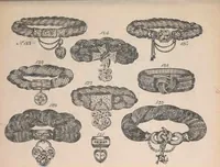An illustration from The jewellers' book of patterns in hair work : containing a great variety of copper-plate engravings of devices and patterns in hair; suitable for mourning jewellery, brooches, rings, guards, alberts, necklets, lockets, bracelets, miniatures, studs, links, earrings, &c. &c. &c (1864)