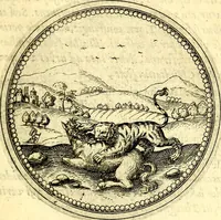 An illustration from Joachimi Camerarii Symbolorvm et emblematvm centvriæ tres. I. Ex herbis & stirpibus. II. Ex animalibus quadrupedibus. III. Ex volatilibus & insectis. Accessit noviter centvria IV. Ex aquatilibus & reptilibus. Cvm figvris æneis (1605)
