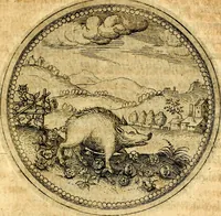 An illustration from Joachimi Camerarii Symbolorvm et emblematvm centvriæ tres. I. Ex herbis & stirpibus. II. Ex animalibus quadrupedibus. III. Ex volatilibus & insectis. Accessit noviter centvria IV. Ex aquatilibus & reptilibus. Cvm figvris æneis (1605)