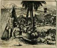 An illustration from Johan Nieuhofs Gedenkweerdige Brasiliaense zee- en lant- reize. : Behelzende al het geen op dezelve is voorgevallen. Beneffens een bondige beschrijving van gantsche Neerlants Brasil, zoo van lantschappen, steden, dieren, gewassen, als draghten, zeden en godsdienst der inwoonders: en ��inzonderheit ein wijtloopig verhael der merkwaardigste voorvallen en geschiedenissen, die zich, geduurende zijn negenjarigh verblijf in Brasil, in d'oorlogen en opstant der Portugesen tegen d'onzen, zich sedert het jaer 1640. tot 1649. hebben toegedragen. Door gaens verçiert met verscheide afbeeldingen, na't leven aldaer getekent (1682)