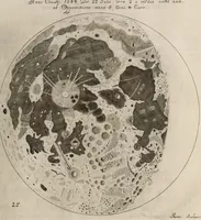 An illustration from Johannis Hevelii Selenographia, sive, Lunae descriptio : atque accurata, tam macularum ejus, quam motuum diversorum, aliarumque omnium vicissitudinum, phasiumque, telescopii ope deprehensarum, delineatio in quâ simul caeterorum omnium planetarum nativa facies, variaeque observationes, praesertim autem macularum solarium, atque jovialium, tubospicillo acquisitae, figuris accuratissimè aeri incisis, sub aspectum ponuntur : nec non quamplurimae astronomicae, opticae, physicaeque quaestiones proponuntur atque resolvuntur : addita est, lentes expoliendi nova ratio : ut et telescopia diversa construendi, et experiendi, horumq; adminiculo, varias observationes coelestes, inprimis quidem eclipsium, cùm solarium, tum lunarium, exquisitè instituendi, itemq diametros stellarum veras, viâ infallibili, determinandi methodus : eoq; quicquid praeterea circa ejusmodi observationes animadverti debet, perspicuè explicatur. -- (1647)
