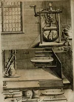 An illustration from Johannis Kunckelii, churfürstl. Brandenb. würcklich bestallt-geheimden Cammer-Dieners, Ars vitraria experimentalis, oder, Vollkommene Glasmacher-Kunst : lehrende, als in einem ... commentario über die ... sieben Bücher P. Anthonii Neri von Florenz, und denen ... Anmerckungen Christophori Merretti ... (so aus den Ital. und Latein. beyde mit Fleiss ins Hochdeutsche übersetzt) die allerkurtz bundigsten Manieren, das reineste Chrystall-Glas, alle gefärbte oder tingirte Gläser, künstliche Edelstein oder Flüsse ... zu machen ... : sampt einem II. Haupt-Thiel, so in drey unterschiedenen Bücher und mehr als 200 Experimenten bestehet, darinnen vom Glasmahlen, Vergulden und Brennen ... Türckisch Pappier, [et]c. ... und viel andere ungemeine Sachen zu machen, gelehret werden : mit einem Anhange von denen Perlen und fast allen natürlichen Edelsteinen .. (1679)