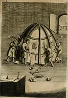 An illustration from Johannis Kunckelii, churfürstl. Brandenb. würcklich bestallt-geheimden Cammer-Dieners, Ars vitraria experimentalis, oder, Vollkommene Glasmacher-Kunst : lehrende, als in einem ... commentario über die ... sieben Bücher P. Anthonii Neri von Florenz, und denen ... Anmerckungen Christophori Merretti ... (so aus den Ital. und Latein. beyde mit Fleiss ins Hochdeutsche übersetzt) die allerkurtz bundigsten Manieren, das reineste Chrystall-Glas, alle gefärbte oder tingirte Gläser, künstliche Edelstein oder Flüsse ... zu machen ... : sampt einem II. Haupt-Thiel, so in drey unterschiedenen Bücher und mehr als 200 Experimenten bestehet, darinnen vom Glasmahlen, Vergulden und Brennen ... Türckisch Pappier, [et]c. ... und viel andere ungemeine Sachen zu machen, gelehret werden : mit einem Anhange von denen Perlen und fast allen natürlichen Edelsteinen .. (1679)