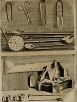 An illustration from Johannis Kunckelii, churfürstl. Brandenb. würcklich bestallt-geheimden Cammer-Dieners, Ars vitraria experimentalis, oder, Vollkommene Glasmacher-Kunst : lehrende, als in einem ... commentario über die ... sieben Bücher P. Anthonii Neri von Florenz, und denen ... Anmerckungen Christophori Merretti ... (so aus den Ital. und Latein. beyde mit Fleiss ins Hochdeutsche übersetzt) die allerkurtz bundigsten Manieren, das reineste Chrystall-Glas, alle gefärbte oder tingirte Gläser, künstliche Edelstein oder Flüsse ... zu machen ... : sampt einem II. Haupt-Thiel, so in drey unterschiedenen Bücher und mehr als 200 Experimenten bestehet, darinnen vom Glasmahlen, Vergulden und Brennen ... Türckisch Pappier, [et]c. ... und viel andere ungemeine Sachen zu machen, gelehret werden : mit einem Anhange von denen Perlen und fast allen natürlichen Edelsteinen .. (1679)