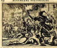 An illustration from Joh[ann] Lodew[ijck] Gottfrieds Historische kronyck; : vervattende een nauwkeurige en volkomene beschrijvingh der aldergedenck waerdigste geschiedenissen des weerelds, van den aenvangh der Scheppingh tot op't jaer Christi 1576. In een nette ordre gebragt na de verdeelingh der vier monarchien, en de bondighste jaer-rekeningh. Op nieuws vertaeld na den derden vermeerderden druck, met byvoegingh van de Historie der Reformatie in Duytschland: en een volkoomen bladwijser aller voornaemste saecken, (1698)