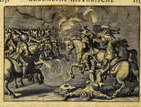 An illustration from Joh[ann] Lodew[ijck] Gottfrieds Historische kronyck; : vervattende een nauwkeurige en volkomene beschrijvingh der aldergedenck waerdigste geschiedenissen des weerelds, van den aenvangh der Scheppingh tot op't jaer Christi 1576. In een nette ordre gebragt na de verdeelingh der vier monarchien, en de bondighste jaer-rekeningh. Op nieuws vertaeld na den derden vermeerderden druck, met byvoegingh van de Historie der Reformatie in Duytschland: en een volkoomen bladwijser aller voornaemste saecken, (1698)
