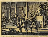 An illustration from Joh[ann] Lodew[ijck] Gottfrieds Historische kronyck; : vervattende een nauwkeurige en volkomene beschrijvingh der aldergedenck waerdigste geschiedenissen des weerelds, van den aenvangh der Scheppingh tot op't jaer Christi 1576. In een nette ordre gebragt na de verdeelingh der vier monarchien, en de bondighste jaer-rekeningh. Op nieuws vertaeld na den derden vermeerderden druck, met byvoegingh van de Historie der Reformatie in Duytschland: en een volkoomen bladwijser aller voornaemste saecken, (1698)