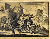 An illustration from Joh[ann] Lodew[ijck] Gottfrieds Historische kronyck; : vervattende een nauwkeurige en volkomene beschrijvingh der aldergedenck waerdigste geschiedenissen des weerelds, van den aenvangh der Scheppingh tot op't jaer Christi 1576. In een nette ordre gebragt na de verdeelingh der vier monarchien, en de bondighste jaer-rekeningh. Op nieuws vertaeld na den derden vermeerderden druck, met byvoegingh van de Historie der Reformatie in Duytschland: en een volkoomen bladwijser aller voornaemste saecken, (1698)
