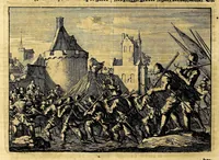 An illustration from Joh[ann] Lodew[ijck] Gottfrieds Historische kronyck; : vervattende een nauwkeurige en volkomene beschrijvingh der aldergedenck waerdigste geschiedenissen des weerelds, van den aenvangh der Scheppingh tot op't jaer Christi 1576. In een nette ordre gebragt na de verdeelingh der vier monarchien, en de bondighste jaer-rekeningh. Op nieuws vertaeld na den derden vermeerderden druck, met byvoegingh van de Historie der Reformatie in Duytschland: en een volkoomen bladwijser aller voornaemste saecken, (1698)