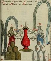 Picture 23 of 42 from Joh. Michaelis Faustij ... Compendium alchymist. novum, sive, Pandora explicata & figuris jllustrata, das ist, Die edelste Gabe Gottes, oder, Ein güldener Schatz : mit welchem die alten und neuen Philosophi, die unvollkommene Metall, durch Gewalt des Feuers verbessert, und allerhand schädliche und unheylsame Kranckheiten innerlich und äusserlich, durch deren Würckung vertrieben haben : dieser Edition wird annoch, nebst vielen Kupffern und über 800 Philosophischen Anmerckungen, ein volkomenes Lexicon alchymisticum novum, und ein vollständiges Register rerum & verborum, beygefüget (1706), leaf 1000