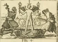 An illustration from Jo. Jacobi Mangeti, medicinae doctoris et sereniss. ac potentiss. regis Prussiae archiatri, Bibliotheca chemica curiosa, seu, Rerum ad alchemiam pertinetium thesaurus instructissimus : quo non tantùm artis auriferae, ac scriptorum in ea nobiliorum historia traditur : lapidis veritas argumentis & experimentis innumeris, immò & juris consultorum judiciis evincitur : termini obscuriores explicantur : cautiones contra impostores & difficultates in tinctura universali conficienda occurrentes, declarantur : verùm etiam tractatus omnes virorum celebriorum, qui in magno sudarunt elixyre, quíque ab ipso Hermete, ut dicitur, Trismegisto, ad nostra usque tempora de chrysopoea scripserunt, cum praecipuis suis commentariis, concinno ordine dispositi exhibentur. Ad quorum omnium illustrationem additae sunt quamplurimae figurae aeneae (1702)