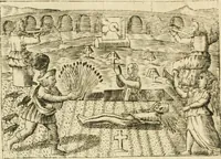 An illustration from Jo. Jacobi Mangeti, medicinae doctoris et sereniss. ac potentiss. regis Prussiae archiatri, Bibliotheca chemica curiosa, seu, Rerum ad alchemiam pertinetium thesaurus instructissimus : quo non tantùm artis auriferae, ac scriptorum in ea nobiliorum historia traditur : lapidis veritas argumentis & experimentis innumeris, immò & juris consultorum judiciis evincitur : termini obscuriores explicantur : cautiones contra impostores & difficultates in tinctura universali conficienda occurrentes, declarantur : verùm etiam tractatus omnes virorum celebriorum, qui in magno sudarunt elixyre, quíque ab ipso Hermete, ut dicitur, Trismegisto, ad nostra usque tempora de chrysopoea scripserunt, cum praecipuis suis commentariis, concinno ordine dispositi exhibentur. Ad quorum omnium illustrationem additae sunt quamplurimae figurae aeneae (1702)