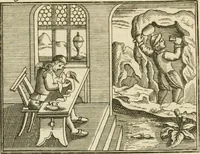 An illustration from Jo. Jacobi Mangeti, medicinae doctoris et sereniss. ac potentiss. regis Prussiae archiatri, Bibliotheca chemica curiosa, seu, Rerum ad alchemiam pertinetium thesaurus instructissimus : quo non tantùm artis auriferae, ac scriptorum in ea nobiliorum historia traditur : lapidis veritas argumentis & experimentis innumeris, immò & juris consultorum judiciis evincitur : termini obscuriores explicantur : cautiones contra impostores & difficultates in tinctura universali conficienda occurrentes, declarantur : verùm etiam tractatus omnes virorum celebriorum, qui in magno sudarunt elixyre, quíque ab ipso Hermete, ut dicitur, Trismegisto, ad nostra usque tempora de chrysopoea scripserunt, cum praecipuis suis commentariis, concinno ordine dispositi exhibentur. Ad quorum omnium illustrationem additae sunt quamplurimae figurae aeneae (1702)