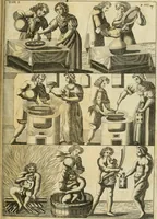 An illustration from Jo. Jacobi Mangeti, medicinae doctoris et sereniss. ac potentiss. regis Prussiae archiatri, Bibliotheca chemica curiosa, seu, Rerum ad alchemiam pertinetium thesaurus instructissimus : quo non tantùm artis auriferae, ac scriptorum in ea nobiliorum historia traditur : lapidis veritas argumentis & experimentis innumeris, immò & juris consultorum judiciis evincitur : termini obscuriores explicantur : cautiones contra impostores & difficultates in tinctura universali conficienda occurrentes, declarantur : verùm etiam tractatus omnes virorum celebriorum, qui in magno sudarunt elixyre, quíque ab ipso Hermete, ut dicitur, Trismegisto, ad nostra usque tempora de chrysopoea scripserunt, cum praecipuis suis commentariis, concinno ordine dispositi exhibentur. Ad quorum omnium illustrationem additae sunt quamplurimae figurae aeneae (1702)