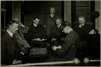 An illustration from Jordan vs. Banks match games for a purse of $1,000.00 and the restricted world's checker championship (1914)