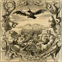 An illustration from Josephi felicissimi quondam, et gloriossisimi in Aegypto proregis polymita : variis liciorum coloribus distincta diversisque picturarum figuris illustrata : hoc est, virtutum regiarum in pluribus olim clarissimisque principibus laudatarum symmetria in unum, absolutumque ornatum animi coronis nati concinnata, et Josepho primo Leopoldi I. caesaris filio in Romanorum regem felicibus auspiciis nuper inaugurato : ab Archiducali, Caesareo, et Academico Societ. Jesu collegio Graecii in obsequiosae gratulationis argumentum demississimè oblata (1690)