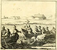 An illustration from Journael, of dagh-register, gehouden by de seven matroosen, in haer overwitneren op Spitsbergen in Maurits Bay : gelegen in Groenlandt, t' zedert het vertreck van de Visschery-Schepen der Geoctroyeerde Noordtsche Compagnie, in Nederlandt, zijnde den 30. Augusty, 1633 tot de wederkomst der vooriz. Schepen, den 27. May, anno 1634 (1663)