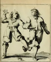 An illustration from Klare onderrichtinge der voortreffelijcke worstel-konst : verhandelende hoemen in alle voorvallen van twist in handtgemeenschap, sich kan hoeden : en alle aengrepen, borst-stooten, vuyst-slagen &c. versetten ... (1674)