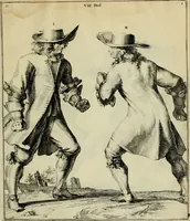 An illustration from Klare onderrichtinge der voortreffelijcke worstel-konst : verhandelende hoemen in alle voorvallen van twist in handtgemeenschap, sich kan hoeden : en alle aengrepen, borst-stooten, vuyst-slagen &c. versetten ... (1674)