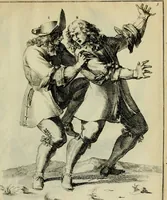 An illustration from Klare onderrichtinge der voortreffelijcke worstel-konst : verhandelende hoemen in alle voorvallen van twist in handtgemeenschap, sich kan hoeden : en alle aengrepen, borst-stooten, vuyst-slagen &c. versetten ... (1674)