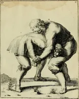 An illustration from Klare onderrichtinge der voortreffelijcke worstel-konst : verhandelende hoemen in alle voorvallen van twist in handtgemeenschap, sich kan hoeden : en alle aengrepen, borst-stooten, vuyst-slagen &c. versetten ... (1674)