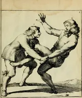 An illustration from Klare onderrichtinge der voortreffelijcke worstel-konst : verhandelende hoemen in alle voorvallen van twist in handtgemeenschap, sich kan hoeden : en alle aengrepen, borst-stooten, vuyst-slagen &c. versetten ... (1674)