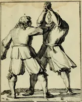 An illustration from Klare onderrichtinge der voortreffelijcke worstel-konst : verhandelende hoemen in alle voorvallen van twist in handtgemeenschap, sich kan hoeden : en alle aengrepen, borst-stooten, vuyst-slagen &c. versetten ... (1674)