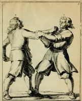 An illustration from Klare onderrichtinge der voortreffelijcke worstel-konst : verhandelende hoemen in alle voorvallen van twist in handtgemeenschap, sich kan hoeden : en alle aengrepen, borst-stooten, vuyst-slagen &c. versetten ... (1674)