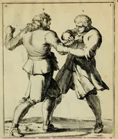An illustration from Klare onderrichtinge der voortreffelijcke worstel-konst : verhandelende hoemen in alle voorvallen van twist in handtgemeenschap, sich kan hoeden : en alle aengrepen, borst-stooten, vuyst-slagen &c. versetten ... (1674)