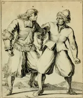 An illustration from Klare onderrichtinge der voortreffelijcke worstel-konst : verhandelende hoemen in alle voorvallen van twist in handtgemeenschap, sich kan hoeden : en alle aengrepen, borst-stooten, vuyst-slagen &c. versetten ... (1674)