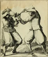 An illustration from Klare onderrichtinge der voortreffelijcke worstel-konst : verhandelende hoemen in alle voorvallen van twist in handtgemeenschap, sich kan hoeden : en alle aengrepen, borst-stooten, vuyst-slagen &c. versetten ... (1674)