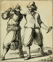 An illustration from Klare onderrichtinge der voortreffelijcke worstel-konst : verhandelende hoemen in alle voorvallen van twist in handtgemeenschap, sich kan hoeden : en alle aengrepen, borst-stooten, vuyst-slagen &c. versetten ... (1674)