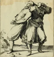An illustration from Klare onderrichtinge der voortreffelijcke worstel-konst : verhandelende hoemen in alle voorvallen van twist in handtgemeenschap, sich kan hoeden : en alle aengrepen, borst-stooten, vuyst-slagen &c. versetten ... (1674)