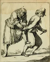 An illustration from Klare onderrichtinge der voortreffelijcke worstel-konst : verhandelende hoemen in alle voorvallen van twist in handtgemeenschap, sich kan hoeden : en alle aengrepen, borst-stooten, vuyst-slagen &c. versetten ... (1674)