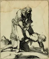 An illustration from Klare onderrichtinge der voortreffelijcke worstel-konst : verhandelende hoemen in alle voorvallen van twist in handtgemeenschap, sich kan hoeden : en alle aengrepen, borst-stooten, vuyst-slagen &c. versetten ... (1674)